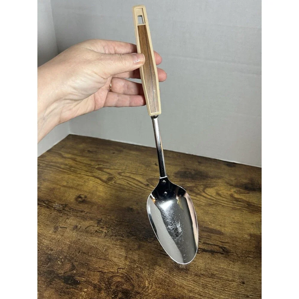 Vintage Stainless Serving Spoon Faux Wood Handle Mid Century 12” Kitchen Japan